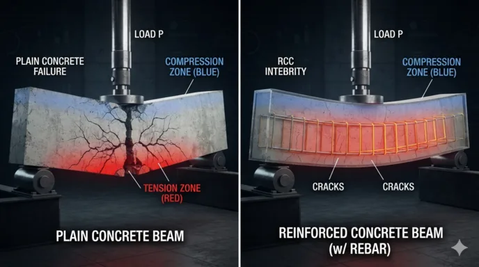 Plain Cement Concrete (PCC) is strong under compression but very weak in tension. Steel reinforcement (rebar, mesh, or fibers) absorbs tensile, shear, and bending stresses. banner